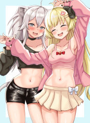 Rule 34 | 2girls, absurdres, ahoge, alternate costume, animal ears, arm up, armpits, bare shoulders, black choker, black nails, black shirt, black shorts, blonde hair, blush, bow, breasts, choker, closed eyes, collarbone, contrapposto, cowboy shot, crop top, grey eyes, grey hair, hair between eyes, highres, holding another&#039;s wrist, hololive, horns, lion ears, lion girl, lion tail, long hair, long sleeves, looking at viewer, medium breasts, midriff, miniskirt, multiple girls, nail polish, navel, nootomo, off shoulder, open clothes, open mouth, open shirt, pink shirt, pink tank top, pleated skirt, purple eyes, sheep girl, sheep horns, shirt, shishiro botan, short shorts, shorts, sideboob, skirt, smile, stomach, tail, tank top, tsunomaki watame, very long hair, virtual youtuber, white bow, yellow skirt