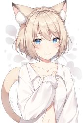 Rule 34 | 1girl, animal ear fluff, animal ears, ayuanlv, blonde hair, blue eyes, braid, breasts, buttons, cat ears, cat tail, closed mouth, collarbone, collared shirt, crown braid, dated, facial mark, final fantasy, final fantasy xiv, hand on own chest, hand up, long sleeves, looking at viewer, miqo&#039;te, mole, mole under eye, naked shirt, navel, open clothes, open shirt, shirt, short hair, signature, sleeves past wrists, small breasts, smile, solo, stomach, tail, upper body, whisker markings, white background, white shirt