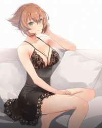 Rule 34 | 1girl, bare shoulders, barefoot, blush, breasts, brown hair, cleavage, closed mouth, collarbone, green eyes, hair between eyes, kantai collection, kasumi (skchkko), lace, large breasts, lingerie, looking at viewer, mutsu (kancolle), negligee, short hair, sidelocks, sitting, smile, solo, thighs, underwear