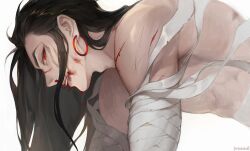 Rule 34 | 1boy, absurdres, bandaged arm, bandages, black hair, blood, blood drop, blood on face, from side, highres, league of legends, long hair, looking at viewer, male focus, muscular, muscular male, parted lips, potatohell, red eyes, simple background, solo, topless male, white background, yone (league of legends)