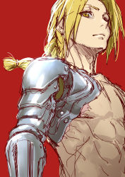 Rule 34 | 1boy, bad id, bad pixiv id, braid, closed mouth, edward elric, fullmetal alchemist, highres, ikuchan kaoru, long hair, looking at viewer, male focus, mechanical arms, prosthesis, prosthetic arm, red background, simple background, single braid, single mechanical arm, sketch, solo, topless male, upper body, yellow eyes
