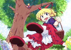 Rule 34 | 1girl, absurdres, blonde hair, blue eyes, bow, bubble skirt, doll, fairy wings, flower, frilled shirt, frilled shirt collar, frilled sleeves, frills, from below, highres, kanisawa yuuki, medicine melancholy, open mouth, puffy short sleeves, puffy sleeves, red bow, red ribbon, ribbon, shirt, short hair, short sleeves, skirt, smile, su-san, swing, touhou, tree, wavy hair, wings