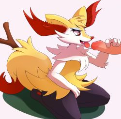 Rule 34 | 1girl, animal ears, animal hands, between legs, braixen, creatures (company), disembodied penis, erection, fang, feet, fellatio, fox ears, fox tail, full body, furry, furry female, game freak, gen 6 pokemon, half-closed eyes, hand between legs, hand up, highres, kneeling, maishida, nintendo, open mouth, oral, penis, pokemon, pokemon (creature), pokemon xy, precum, red eyes, simple background, sitting, smile, solo, stick, tail, teeth, tongue, tongue out, uncensored, white background