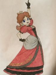Rule 34 | 1girl, arm up, black gloves, blue eyes, brown hair, clenched hand, crown, dress, earrings, flower earrings, frilled dress, frills, gem, gloves, hand up, happy, highres, jewelry, looking at viewer, mario (series), nintendo, open mouth, princess daisy, puffy short sleeves, puffy sleeves, red dress, short hair, short sleeves, smile, solo, super mario land, super smash bros., victory pose