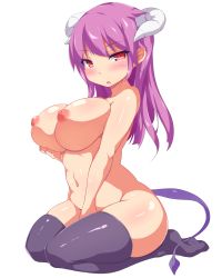 Rule 34 | 1girl, :o, absurdres, blush, breasts, curvy, demon girl, demon tail, highres, horns, karaage teishoku (regret1994), large breasts, long hair, looking at viewer, navel, nipples, open mouth, original, parted lips, pink eyes, pink hair, puffy nipples, raised eyebrow, red eyes, sitting, solo, tail, thighhighs, thighs, transparent background