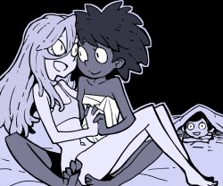 Rule 34 | 3girls, amphibia, anne boonchuy, bottomless, breasts, dark-skinned female, dark skin, dowman sayman, eye contact, feet, holding hands, interlocked fingers, interracial, long hair, looking at another, marcy wu, monochrome, multiple girls, naked towel, sasha waybright, short hair, small breasts, smile, towel, under covers, yuri