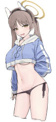 Rule 34 | 1girl, absurdres, animal ears, bikini, black bikini, blue archive, blush, breasts, commentary, cropped hoodie, cropped legs, drooling, fake animal ears, guwall, halo, highres, hood, hoodie, large breasts, light brown hair, looking at viewer, medium breasts, moe (blue archive), moe (swimsuit) (blue archive), mouth drool, navel, panty tug, rabbit ears, side-tie bikini bottom, simple background, smile, solo, stomach, swimsuit, twintails, underboob, white background