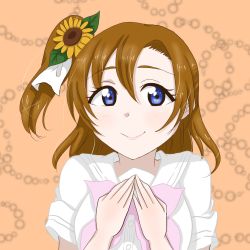 Rule 34 | 1girl, a song for you! you? you!, artist name, artist request, blue eyes, blush, breasts, buttons, close-up, collarbone, female focus, flower, flower print, hair between eyes, hair flower, hair ornament, highres, index fingers together, kosaka honoka, leaf hair ornament, long hair, looking at viewer, love live!, love live! school idol festival, love live! school idol project, medium breasts, nanase denpa, neckerchief, orange background, orange hair, own hands together, parted lips, pink neckerchief, sailor collar, shirt, short ponytail, short sleeves, side ponytail, smile, solo, sunflower, upper body, white sailor collar, white shirt, yellow flower