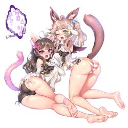 Rule 34 | 10s, 2girls, animal ear fluff, animal ears, armpits, arms up, ass, ass grab, bad id, bad pixiv id, barefoot, black panties, blade &amp; soul, blush, breasts, brown hair, butt crack, cameltoe, camisole, cat ears, dog ears, drooling, elbow gloves, feet, from behind, full body, gloves, green eyes, hair bobbles, hair ornament, hand on own ass, highres, kneeling, kneepits, leaning forward, legs, long hair, looking back, lying, lyn (blade &amp; soul), muloli, multiple girls, no pants, on side, one eye closed, open mouth, panties, panty pull, paw pose, presenting, purple eyes, ribbon, side-tie panties, simple background, soles, striped clothes, striped panties, tail, tears, thigh gap, toes, trefoil, twintails, underwear, white background