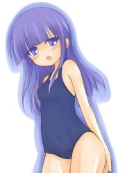 Rule 34 | 1girl, bad id, bare shoulders, beigu, blue eyes, blush, covered navel, hime cut, long hair, navel, one-piece swimsuit, open mouth, purple hair, school swimsuit, solo, standing, swimsuit, tsurime, working!!, yamada aoi