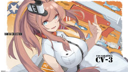 Rule 34 | 10s, 1girl, :d, aosora kamiya, arm at side, breast pocket, breasts, character name, copyright name, dress, dutch angle, flight deck, hair between eyes, highres, huge breasts, impossible clothes, kantai collection, long hair, looking at viewer, open mouth, pocket, revision, saratoga (kancolle), sbd dauntless, short sleeves, side ponytail, skirt, smile, smoke trail, smokestack, solo, striped clothes, striped skirt, tsurime, upper body, vertical-striped clothes, vertical-striped skirt, white dress