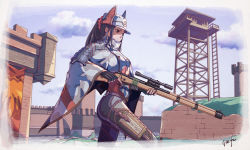 Rule 34 | 1girl, absurdres, animal hat, armor, artist name, black hair, bolt action, brown eyes, camouflage, cape, cat hat, character name, cloud, cowboy shot, day, fingerless gloves, gloves, grass, gun, hat, highres, holding, holding gun, holding weapon, kai schren, military, military uniform, official style, outdoors, red bean, rifle, scope, scrunchie, senjou no valkyria (series), senjou no valkyria 4, shoulder armor, signature, skin tight, sky, sniper rifle, solo, stone wall, tower, trigger discipline, uniform, wall, watchtower, weapon