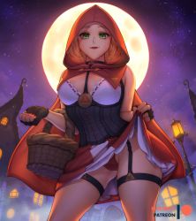 Rule 34 | 1girl, artist name, bare shoulders, basket, blonde hair, breasts, cape, contrapposto, corset, cosplay, fingerless gloves, from below, full moon, gloves, green eyes, halloween, holding, hood, hood up, hooded cape, house, large breasts, little red riding hood, little red riding hood (grimm), little red riding hood (grimm) (cosplay), moon, mystra77, nail polish, night, nintendo, outdoors, panties, pointy ears, princess zelda, red cape, red nails, red panties, red skirt, skirt, sky, smile, solo, star (sky), starry sky, the legend of zelda, the legend of zelda: breath of the wild, triforce print, underwear, white skirt