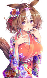 Rule 34 | 1girl, absurdres, ahoge, akashio (loli ace), animal ears, antennae, blush, breasts, brown hair, floral print, hair between eyes, hairband, highres, horse ears, horse girl, horse tail, japanese clothes, kimono, large breasts, leaf, leaf on head, long sleeves, meisho doto (umamusume), open mouth, pink hairband, pink kimono, print kimono, purple eyes, short hair, simple background, solo, tail, umamusume, upper body, white background, white hair, wide sleeves
