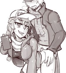 Rule 34 | 1boy, 1girl, all fours, ass, bottomless, breasts, cellphone, clothed sex, doggystyle, eyebrows, from behind, greyscale, grin, happy sex, hat, hetero, jacket, jaune arc, long hair, looking at viewer, monochrome, open mouth, pants, penis, phone, ponytail, pubic hair, pyrrha nikos, rwby, scarf, sex, sex from behind, shirt, short hair, simple background, smartphone, smile, sweat, teeth, tenk, thighs, tsurime, white background