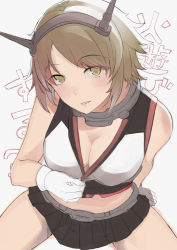 Rule 34 | 10s, 1girl, arm support, bare shoulders, blush, breasts, brown hair, cleavage, downblouse, gloves, hareno chiame, headgear, kantai collection, large breasts, looking at viewer, midriff, mutsu (kancolle), short hair, sitting, sketch, skirt, solo, white gloves, yellow eyes