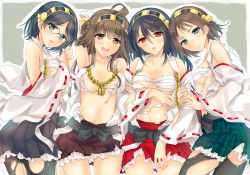 Rule 34 | &gt;:(, 10s, 4girls, :o, bad id, bad pixiv id, bare shoulders, black hair, black legwear, blue eyes, blush, breasts, brown eyes, detached sleeves, frilled skirt, frills, frown, glasses, hairband, haruna (kancolle), hiei (kancolle), japanese clothes, kantai collection, kirishima (kancolle), kongou (kancolle), long hair, looking at viewer, multiple girls, navel, open clothes, open mouth, pantyhose, personification, plaid, plaid skirt, red eyes, ribbon-trimmed sleeves, ribbon trim, sarashi, skirt, torn clothes, torn legwear, torn skirt, v-shaped eyebrows, yu yu