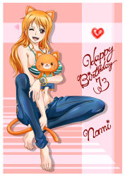 Rule 34 | 1girl, animal ears, arm under breasts, armpit crease, barefoot, between legs, bikini, bikini top only, bracelet, breasts, cat ears, cat tail, character name, collarbone, commentary request, dated, denim, english text, eyelashes, feet, green bikini, hand between legs, happy birthday, heart, highres, holding, holding tail, hugging object, jeans, jewelry, knee up, large breasts, legs, long hair, nail polish, nami (one piece), navel, one eye closed, one piece, open mouth, orange hair, pants, partially unbuttoned, pink background, pink nails, rider (orange couture), shiny clothes, sitting, smile, solo, striped bikini, striped clothes, stuffed animal, stuffed toy, swimsuit, tail, teeth, toenail polish, toenails, toes, tongue, underboob, upper teeth only, watch, wristwatch