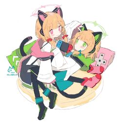 Rule 34 | 2girls, animal ear headphones, animal ears, artist name, black footwear, blonde hair, blue archive, blue bow, blush, bow, cat ear headphones, cat ears, cat tail, closed mouth, commentary, fake animal ears, fake tail, green eyes, green halo, hair bow, halo, handheld game console, headphones, jacket, long sleeves, looking at viewer, melanbread, midori (blue archive), momoi (blue archive), multiple girls, nintendo switch, pink eyes, pink halo, red bow, short hair, siblings, signature, sisters, smile, tail, twins, white jacket