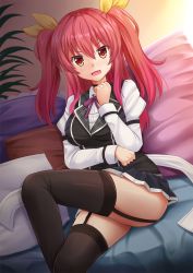 Rule 34 | 10s, 1girl, bed, black thighhighs, blush, breasts, crossed legs, garter straps, highres, kazenokaze, long hair, looking at viewer, on bed, pillow, pleated skirt, rakudai kishi no cavalry, red eyes, red hair, ribbon, school uniform, sitting, skirt, solo, stella vermillion, sweatdrop, thighhighs, twintails