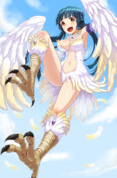 Rule 34 | 10s, 1girl, blue hair, blush, breasts, brown eyes, cleavage, dan (orange train), feathered wings, feathers, harpy, highres, idolmaster, idolmaster million live!, jewelry, kitakami reika, large breasts, long hair, looking at viewer, low twintails, midriff, monster girl, monsterification, navel, open mouth, smile, solo, talons, twintails, winged arms, wings