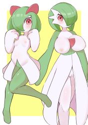 Rule 34 | 2girls, arms at sides, blush, bob cut, border, breasts, cleft of venus, clenched hands, clitoris, closed mouth, colored skin, creatures (company), female focus, full body, game freak, gardevoir, gen 3 pokemon, green hair, green skin, hair over one eye, hands up, highres, kirlia, knees together feet apart, kumori megane, large breasts, leg up, looking at viewer, multicolored skin, multiple girls, nintendo, nipples, one eye covered, outside border, pokemon, pokemon (creature), pussy, red eyes, shiny skin, short hair, simple background, small breasts, standing, standing on one leg, two-tone skin, uncensored, white border, white skin, wide-eyed, yellow background