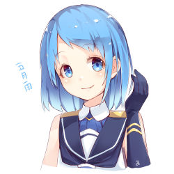 Rule 34 | 10s, 1girl, alternate hair length, alternate hairstyle, bare shoulders, blue eyes, blue hair, character name, commentary request, elbow gloves, eyebrows, gloves, gradient hair, kantai collection, looking at viewer, matching hair/eyes, meth (emethmeth), multicolored hair, revision, samidare (kancolle), school uniform, serafuku, shirt, short hair, signature, simple background, sleeveless, sleeveless shirt, smile, solo, text focus, translated, upper body, white background