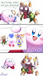 Rule 34 | 1girl, 2boys, avaniibl, blue eyes, bug, commentary, crayon, crown, crying, crying with eyes open, disembodied limb, drawing, english commentary, fangs, gloves, heart, highres, holding, holding paper, horns, kirby, kirby: triple deluxe, kirby (series), kirby 64, multiple boys, nintendo, open mouth, paper, queen sectonia, rayman limbs, short hair, smile, taranza, tears, white hair, wings