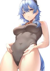Rule 34 | 1girl, amagimei, bare arms, bare shoulders, bell, blue hair, breasts, covered navel, cowboy shot, from below, ganyu (genshin impact), genshin impact, gluteal fold, goat horns, hair between eyes, highleg, highleg leotard, highres, horns, leotard, looking at viewer, looking down, medium breasts, medium hair, parted lips, purple eyes, simple background, solo, white background