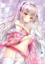 Rule 34 | 1girl, ahoge, areola slip, bare shoulders, blush, bra, breasts, brown eyes, cameltoe, choker, closed mouth, collarbone, cowboy shot, detexted, floral print, folding fan, frilled choker, frills, garter straps, gloves, groin, hand fan, highres, holding, holding fan, japanese clothes, kimono, large breasts, long hair, long sleeves, looking at viewer, medium breasts, melonbooks, microskirt, midriff, navel, open clothes, open kimono, original, panties, petals, picpicgram, pleated skirt, red skirt, sidelocks, silver hair, skirt, solo, standing, stomach, thighhighs, third-party edit, underwear, very long hair, white bra, white choker, white gloves, white panties, white thighhighs, wide sleeves