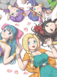 Rule 34 | 5girls, :d, arinsu (kodamamaimai), bella (dq5), bianca (dq5), black hair, blonde hair, blue eyes, blue hair, blush, bow, bracelet, breasts, cape, commentary request, deborah (dq5), dragon quest, dragon quest v, earrings, flora (dq5), flower, grey eyes, hair bow, hair flower, hair ornament, holding hands, hoop earrings, jewelry, long hair, looking at viewer, lying, medium breasts, multiple girls, nail polish, on back, open mouth, orange cape, petals, pink bow, pointy ears, powan, purple hair, red flower, red nails, red rose, rose, smile