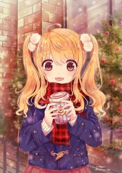 Rule 34 | 1girl, absurdres, ahoge, brown eyes, christmas, cup, fang, hair ornament, highres, holding, holding cup, kinyoko, open mouth, orange hair, original, outdoors, pocket, scarf, skirt, solo, twintails, unmoving pattern, window, winter, winter clothes
