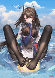 Rule 34 | 1girl, ahoge, arm between breasts, atdan, azur lane, between breasts, bird, black pantyhose, blue sky, bodysuit, breasts, brown hair, capelet, chick, covered navel, covering own mouth, day, embarrassed, feet, feet on toy, fingerless gloves, frown, gloves, hairband, headgear, highres, independence (azur lane), large breasts, long hair, long sleeves, looking at viewer, manjuu (azur lane), no shoes, outdoors, pantyhose, red eyes, retrofit (azur lane), seagull, sitting, skindentation, sky, slit pupils, solo, toes, very long hair, water