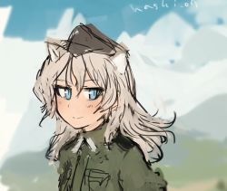 Rule 34 | 1girl, animal ears, bad id, bad twitter id, blue eyes, cat ears, garrison cap, giuseppina ciuinni, gradient background, hat, long hair, military, military uniform, ohashi (hashidate), silver hair, sketch, smile, solo, strike witches, strike witches: suomus misfits squadron, twitter username, uniform, world witches series
