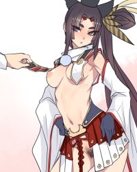 Rule 34 | 1girl, animal ears, armor, armpits, assisted exposure, ban! (bansankan), black eyes, black gloves, black hair, breasts, contrapposto, cowboy shot, detached sleeves, fake animal ears, fate/grand order, fate (series), female pubic hair, gloves, gradient background, hair ornament, hands on own hips, hat, highres, japanese armor, kusazuri, medium breasts, navel, nipples, no panties, one side up, parted lips, pubic hair, puffy nipples, side ponytail, simple background, solo focus, standing, ushiwakamaru (fate)