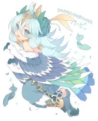 Rule 34 | 1girl, aqua eyes, bare shoulders, blue hair, blush, claws, copyright name, dragon poker, feathers, harpy, jewelry, light blue hair, long hair, looking back, mofuaki, monster girl, open mouth, solo, talons, winged arms, wings
