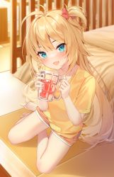 Rule 34 | 1girl, :d, akai haato, antenna hair, barefoot, bed, blonde hair, blue eyes, blush, commentary request, cup, fang, full body, hair ornament, hands up, heart, heart hair ornament, highres, holding, holding cup, hololive, indoors, long hair, looking at viewer, one side up, open mouth, orange shorts, shirt, short sleeves, shorts, sitting, skin fang, smile, solo, uosaasou, very long hair, virtual youtuber, yellow shirt