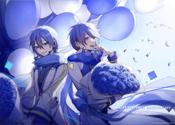 Rule 34 | 2boys, anniversary, balloon, blue eyes, blue flower, blue hair, blue rose, blue theme, coat, dual persona, flower, happy birthday, highres, holding, holding flower, kaito (vocaloid), kaito (vocaloid3), long sleeves, multiple boys, ribbon, rose, scarf, smile, vocaloid, ziling