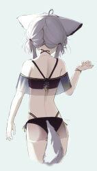 Rule 34 | 1girl, ahoge, animal ears, arknights, ass, back, bikini, black bikini, bracelet, facing away, fox ears, fox girl, fox tail, from behind, grey background, grey hair, highres, jewelry, off-shoulder bikini, off shoulder, official alternate costume, short twintails, solo, sussurro (arknights), sussurro (summer flower) (arknights), swimsuit, tail, timitarcat, twintails