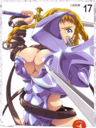 Rule 34 | 1girl, abs, absurdres, armor, artbook, back, bikini armor, blonde hair, blush, boots, braid, breasts, buckle, cleavage, cleavage cutout, clothing cutout, curvy, exiled warrior leina, fighting, hairband, highres, hisayuki hirokazu, large breasts, leina (queen&#039;s blade), leina (queen's blade), looking at viewer, official art, partially visible vulva, queen&#039;s blade, queen&#039;s blade lost worlds, revealing clothes, scan, shield, shiny skin, solo, spread legs, sweat, sword, thong, weapon