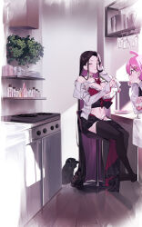 Rule 34 | 2girls, :t, absurdres, ahoge, black thighhighs, blush, bra, brown hair, cat, closed eyes, closed mouth, colored inner hair, cup, drinking glass, eating, fork, hand on own cheek, hand on own face, highres, holding, holding cup, holding fork, hug, indoors, kitchen, long hair, long sleeves, multicolored hair, multiple girls, navel, no shoes, off shoulder, original, oven, pink hair, red bra, sailor collar, sitting, thighhighs, underwear, very long hair, white hair, white sailor collar, yaguo