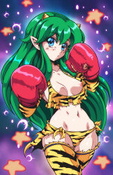 Rule 34 | 1girl, animal print, blue eyes, boxing gloves, breasts, collarbone, commentary, cone horns, cowboy shot, elbow gloves, english commentary, eyelashes, gloves, green eyes, hair between eyes, highres, horns, karosu maker, large breasts, long hair, lum, nipple slip, nipples, panties, parted lips, pointy ears, solo, star (symbol), thighhighs, tiger print, underwear, urusei yatsura, very long hair