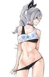 Rule 34 | 1girl, absurdres, bare arms, bare shoulders, black eyes, black panties, black ribbon, black tank top, breasts, choker, commentary, cowboy shot, crop top, grey hair, groin, hair ribbon, highres, honkai: star rail, honkai (series), long hair, looking at viewer, midriff, navel, panties, panty pull, ponytail, pulled by self, ribbon, shirt, silver wolf (honkai: star rail), simple background, single-shoulder shirt, small breasts, smile, solo, standing, stomach, tank top, thighs, underwear, white background, white shirt