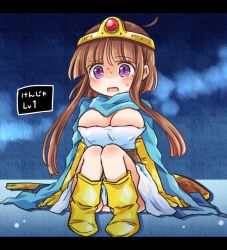 Rule 34 | 1girl, blunt bangs, blush, boots, breasts, brown hair, bursting breasts, cape, circlet, cleavage, commentary request, cosplay, dragon quest, dragon quest iii, dress, elbow gloves, full body, gloves, knees together feet apart, knees up, large breasts, letterboxed, looking at viewer, nishida satono, pote (ptkan), purple eyes, sage (dq3), sage (dq3) (cosplay), short hair with long locks, sidelocks, sitting, solo, sweat, tears, touhou, translation request, white dress, yellow footwear, yellow gloves