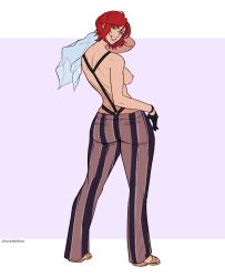Rule 34 | 1girl, ass, back, breasts, gloves, highres, lipstick, makeup, mature female, nipples, no bra, no shirt, nude, pants, red eyes, red hair, short hair, smile, snk, suspenders, the king of fighters, the king of fighters xv, torashu-kun, vanessa (kof)