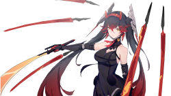 Rule 34 | 1girl, bare shoulders, black dress, black gloves, dress, elbow gloves, floating, floating object, floating weapon, gloves, hair between eyes, hair ornament, headband, highres, holding, holding sword, holding weapon, huang (volt0526), long hair, looking at viewer, lucia: dawn (punishing: gray raven), lucia (punishing: gray raven), punishing: gray raven, red hair, simple background, sleeveless, sleeveless dress, solo, sword, twintails, weapon, white background, yellow eyes