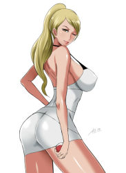 Rule 34 | 1girl, ;), ass, bare arms, bare shoulders, beauty (pokemon), blonde hair, breasts, covered erect nipples, cowboy shot, creatures (company), dress, from side, game freak, halterneck, high ponytail, large breasts, long hair, looking at viewer, looking to the side, nintendo, no bra, npc trainer, one eye closed, original, poke ball, pokemon, pokemon sm, shibusun, short dress, sideboob, simple background, skin tight, smile, solo, strap gap, swept bangs, thick thighs, thighs, white background, white dress, wink, yellow eyes