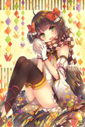 Rule 34 | 1girl, :d, ahoge, argyle, argyle clothes, argyle scarf, black thighhighs, bow, brown hair, chinese zodiac, detached sleeves, dress, egg, floral print, green eyes, hair bow, hair rings, head tilt, high heels, holding, looking at viewer, mitsuhachi8, new year, open mouth, origami, original, paper crane, pelvic curtain, red bow, scarf, shoes, sitting, smile, solo, striped, striped background, thighhighs, vertical stripes, white footwear, wings, year of the rooster, yellow background