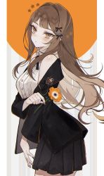 Rule 34 | 1girl, arm across waist, bad id, bad twitter id, bare shoulders, black jacket, black nails, black ribbon, black skirt, brown eyes, brown hair, buttons, collared vest, commentary, flower, from side, hair ornament, hair ribbon, hairpin, head tilt, highres, holding, holding flower, jacket, lapel pin, long hair, long sleeves, looking at viewer, nail polish, neck ribbon, off shoulder, original, parted lips, pleated skirt, ribbon, satsuki (miicat), skirt, solo, twitter username, vest, white vest
