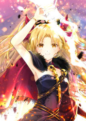 Rule 34 | 1girl, arm up, armpits, blonde hair, cape, commentary request, ereshkigal (fate), fate/grand order, fate (series), hair ribbon, highres, iroha (shiki), long hair, looking up, necklace, ribbon, skull necklace, smile, solo, tiara, tohsaka rin, two side up, yellow eyes